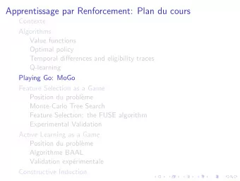 Apprentissage par Renforcement: Plan du cours  Contexte  Algorithms  Value functions  Optimal