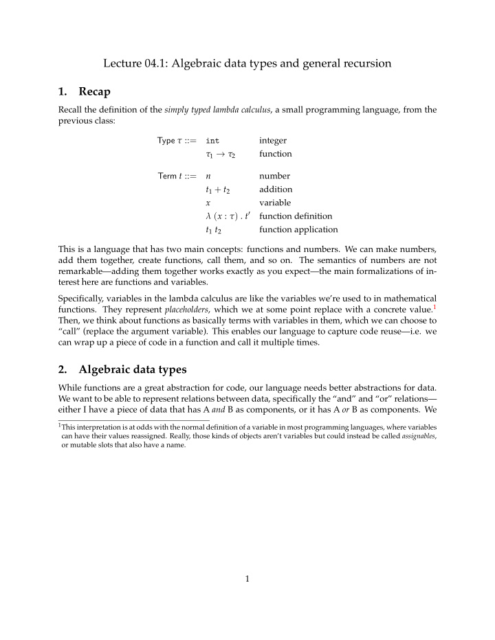 lecture 04 1 algebraic data types and general recursion 1