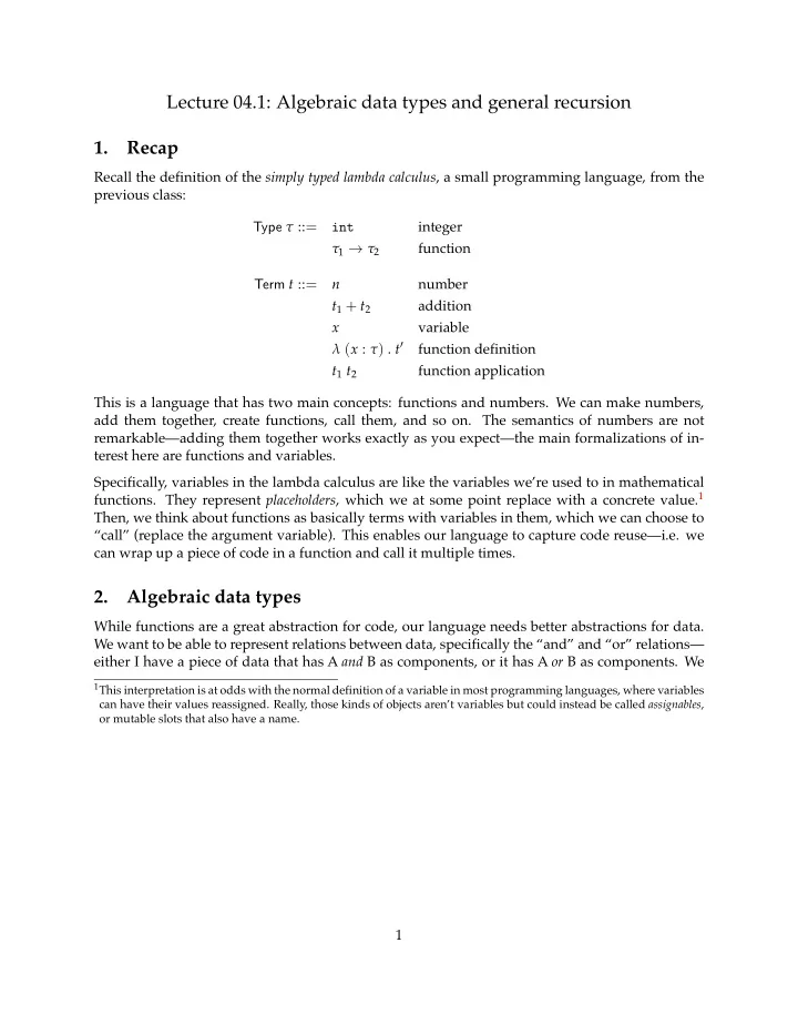 lecture 04 1 algebraic data types and general recursion 1