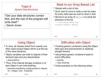 Back to our Array Based List  Topic 6  Started with a list of ints  Generic Data Structures  Don't