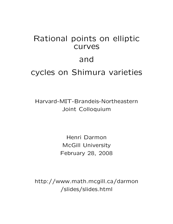 rational points on elliptic curves and cycles on shimura