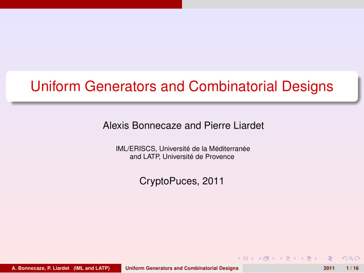 uniform generators and combinatorial designs