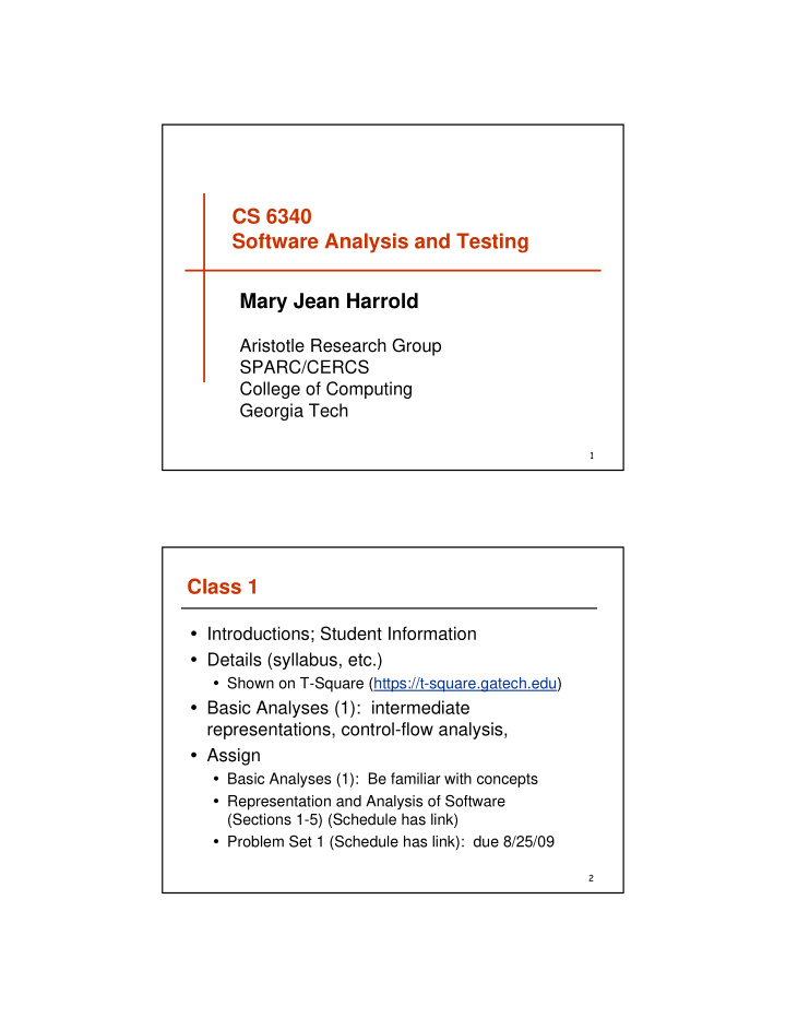 cs 6340 software analysis and testing mary jean harrold