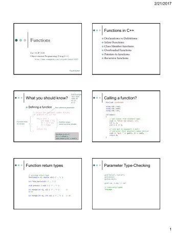 Functions  Declarations vs Definitions  Inline Functions  Class Member functions