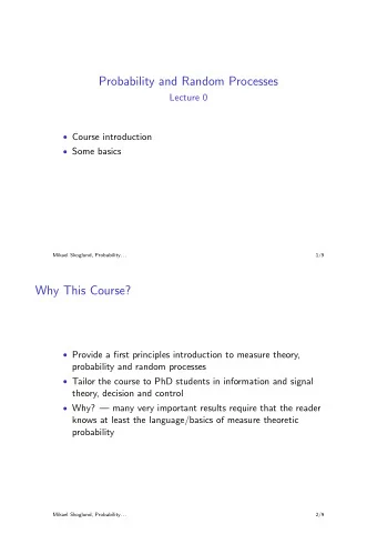 Probability and Random Processes  Lecture 0  Course introduction  Some basics  Mikael