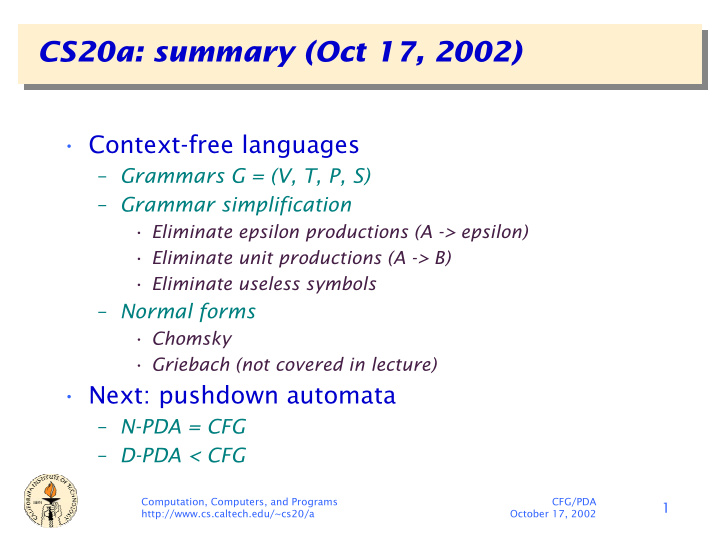 cs20a summary oct 17 2002