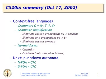 CS20a: summary (Oct 17, 2002)   Context-free languages  Grammars G = (V, T, P, S)  Grammar