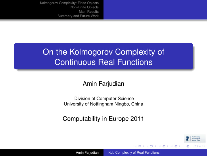 on the kolmogorov complexity of continuous real functions