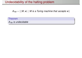 Undecidability of the halting problem A TM = { M , w  | M is a Turing machine that accepts w