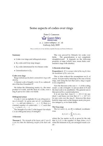 Some aspects of codes over rings  Peter J. Cameron  p.j.cameron@qmul.ac.uk  Galway, July 2009  This