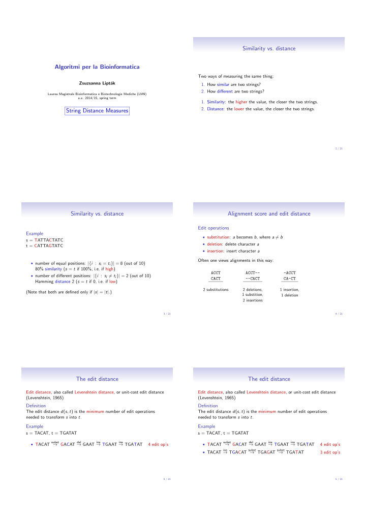 similarity vs distance algoritmi per la bioinformatica