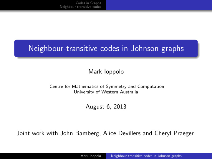 neighbour transitive codes in johnson graphs