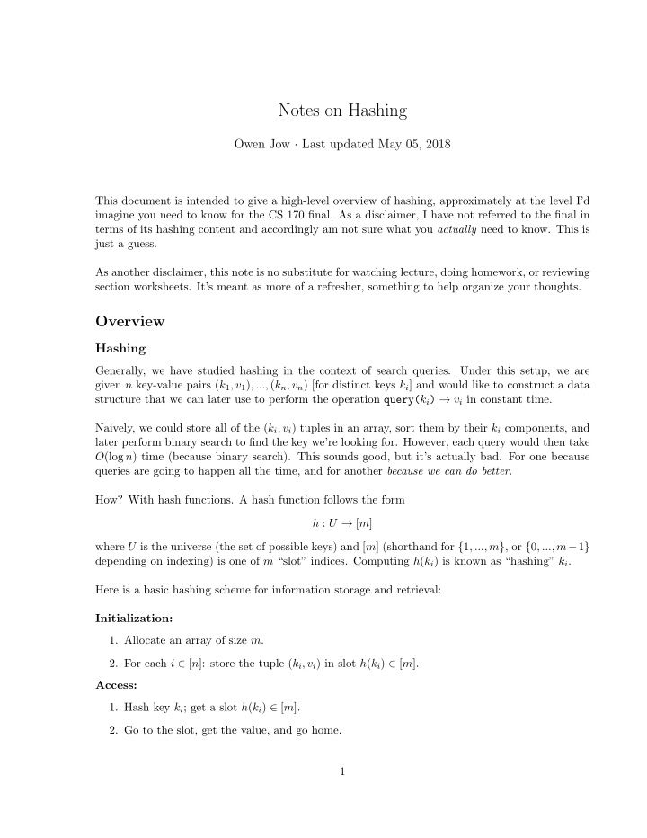 notes on hashing