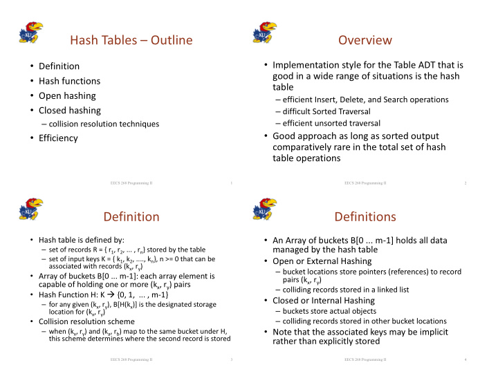 hash tables outline overview