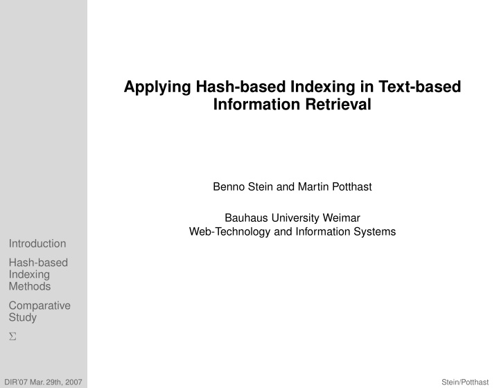 applying hash based indexing in text based information