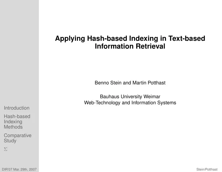 applying hash based indexing in text based information