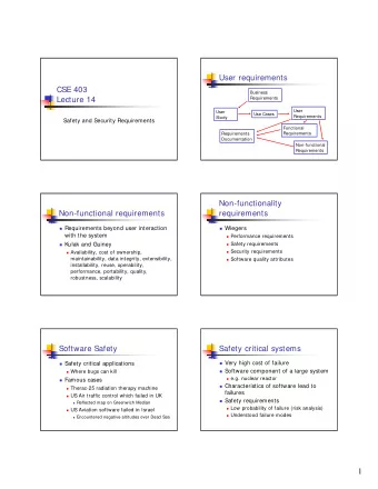 1  Software Safety  Specifying safety requirements  Safety vs. Reliability  Component