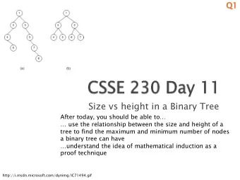 Size vs height in a Binary Tree  After today, you should be able to   use the relationship