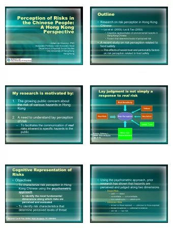 Perception of Risks in  the Chinese People:   Research on risk perception in Hong Kong  A Hong