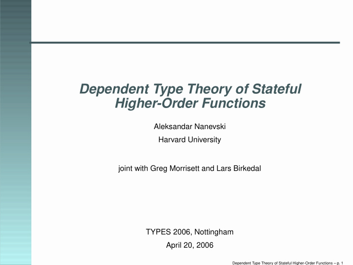 dependent type theory of stateful higher order functions