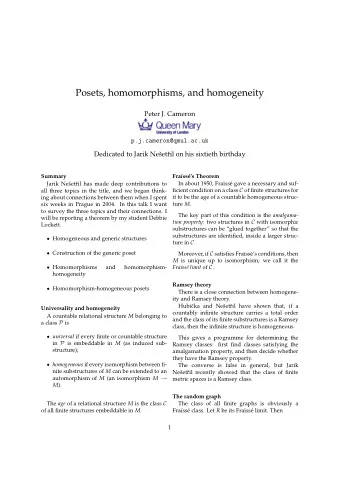 Posets, homomorphisms, and homogeneity  Peter J. Cameron  p.j.cameron@qmul.ac.uk  Dedicated to