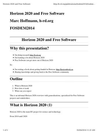 Horizon 2020 and Free Software  Marc Hoffmann, h-rd.org  FOSDEM2014  Horizon 2020 and Free Software