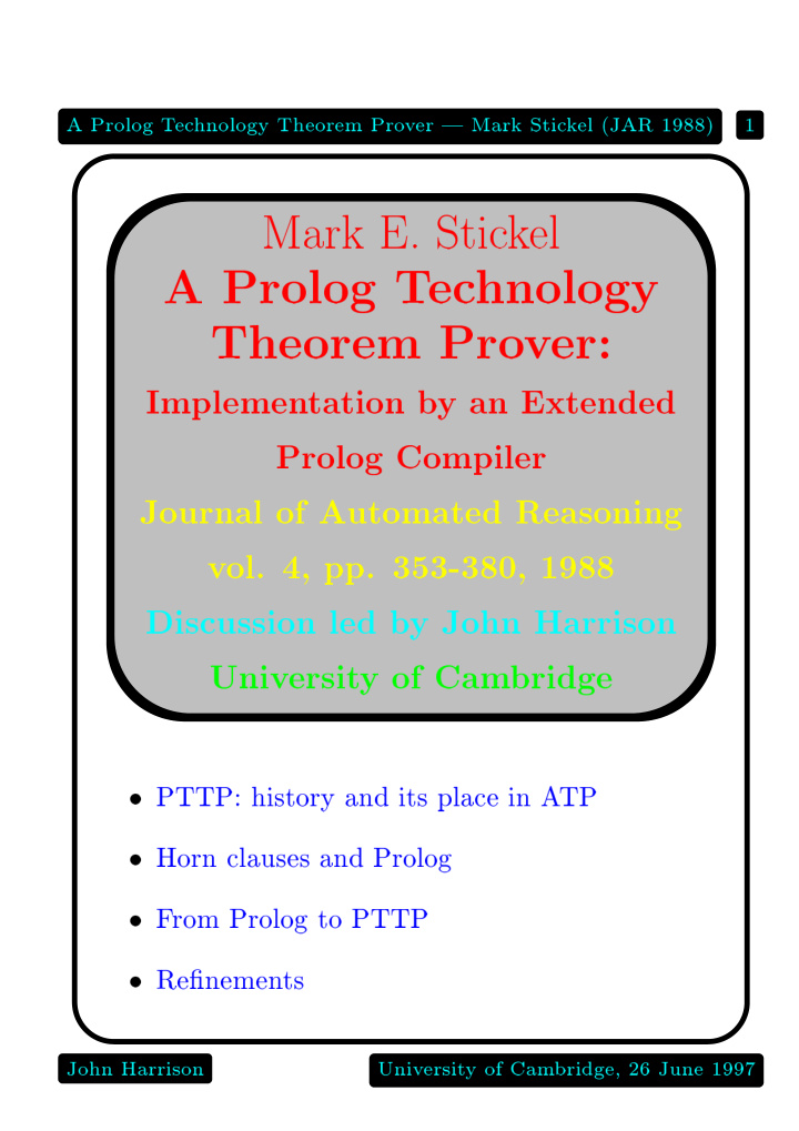 a prolog t ec hnology theorem pro v er mark stic k el jar
