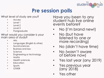 Pre session polls  Have you been to any  What level of study are you?  student hub live online