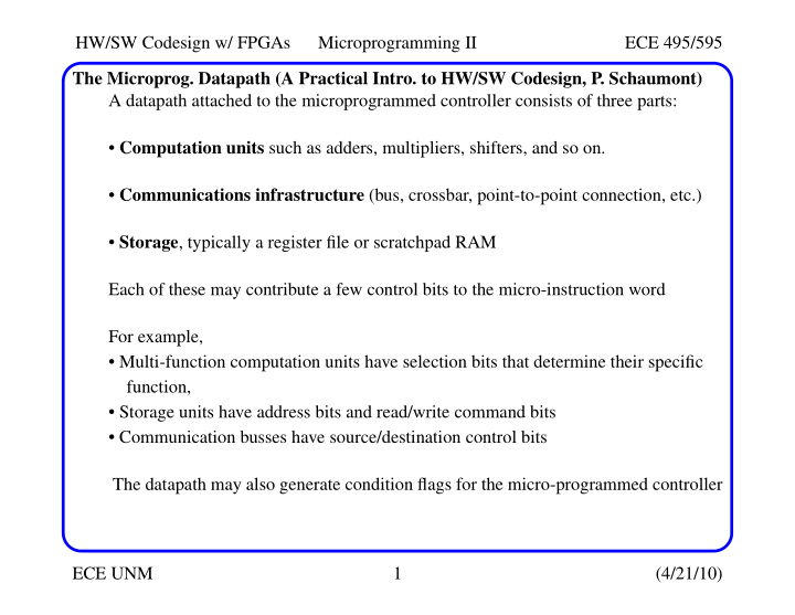 hw sw codesign w fpgas microprogramming ii ece 495 595