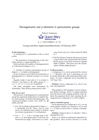 Derangements and p -elements in permutation groups  Peter J. Cameron  p.j.cameron@qmul.ac.uk