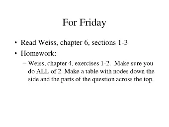 For Friday  Read Weiss, chapter 6, sections 1-3  Homework:  Weiss, chapter 4, exercises