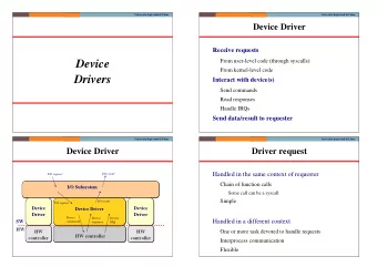 Device  From kernel-level code  Drivers  Interact with device(s)  Send commands  Read responses