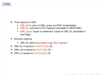 OWL  Three species of OWL  OWL full is union of OWL syntax and RDF (Undecidable)  OWL DL