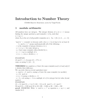 Introduction to Number Theory  CS1800 Discrete Structures; notes by Virgil Pavlu  1  modulo