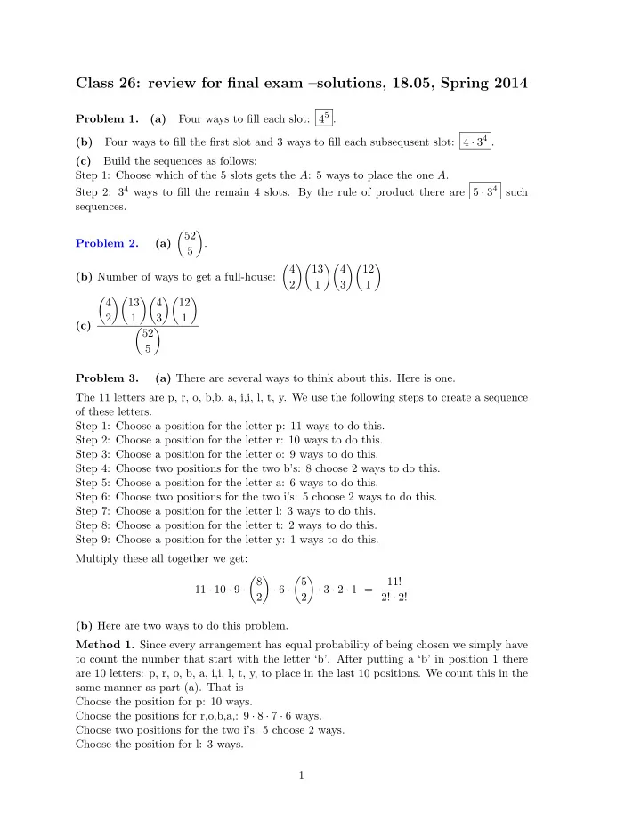 class 26 review for final exam solutions 18 05 spring 2014