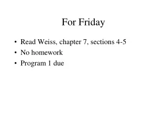 For Friday  Read Weiss, chapter 7, sections 4-5  No homework  Program 1 due  Programming