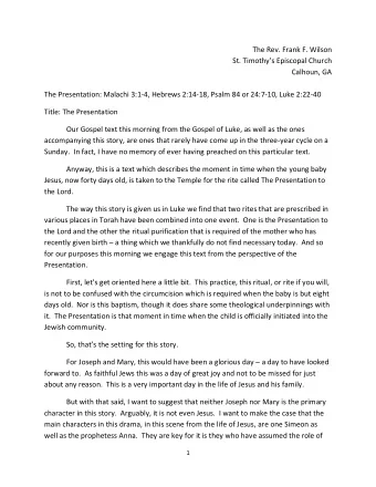 The Rev. Frank F. Wilson St. Timothys Episcopal Church  Calhoun, GA  The Presentation: Malachi