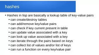hashes  Hashes in lisp are basically a lookup table of key-value pairs  can create/destroy