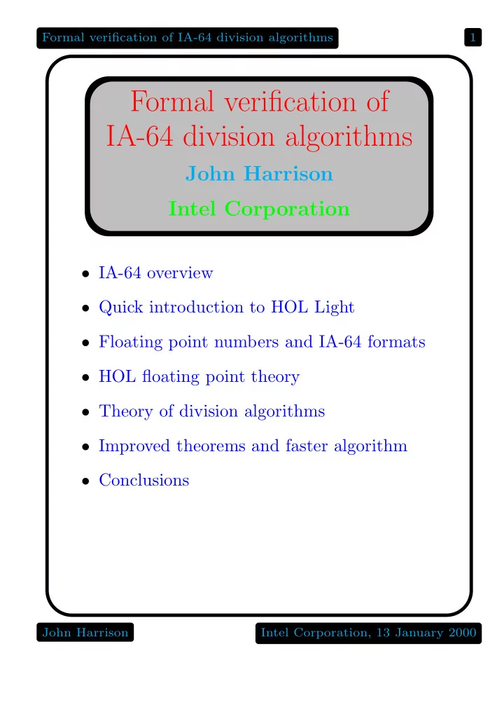 formal verification of ia 64 division algorithms