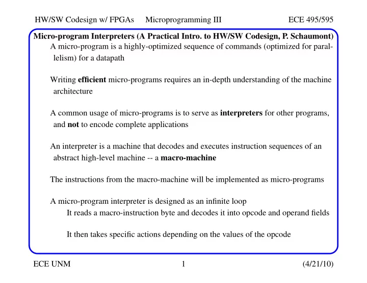 hw sw codesign w fpgas microprogramming iii ece 495 595