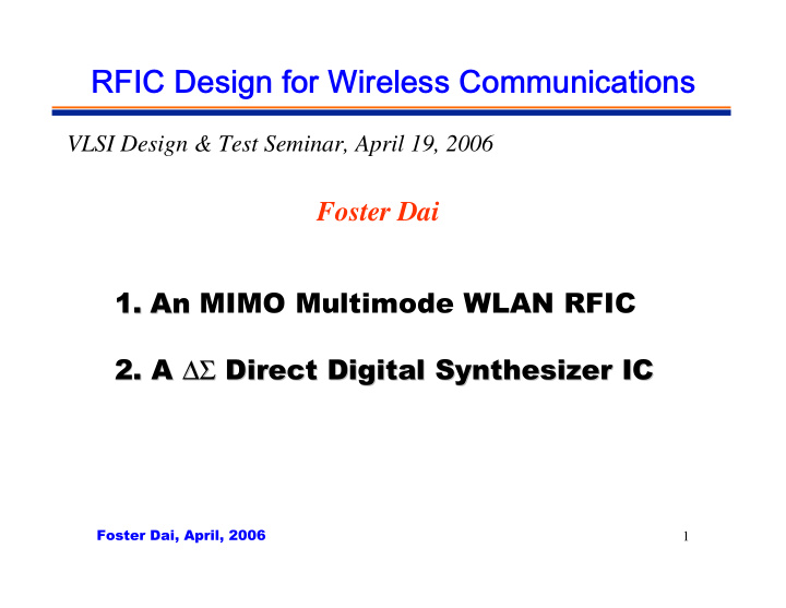 rfic design for wireless communications rfic design for