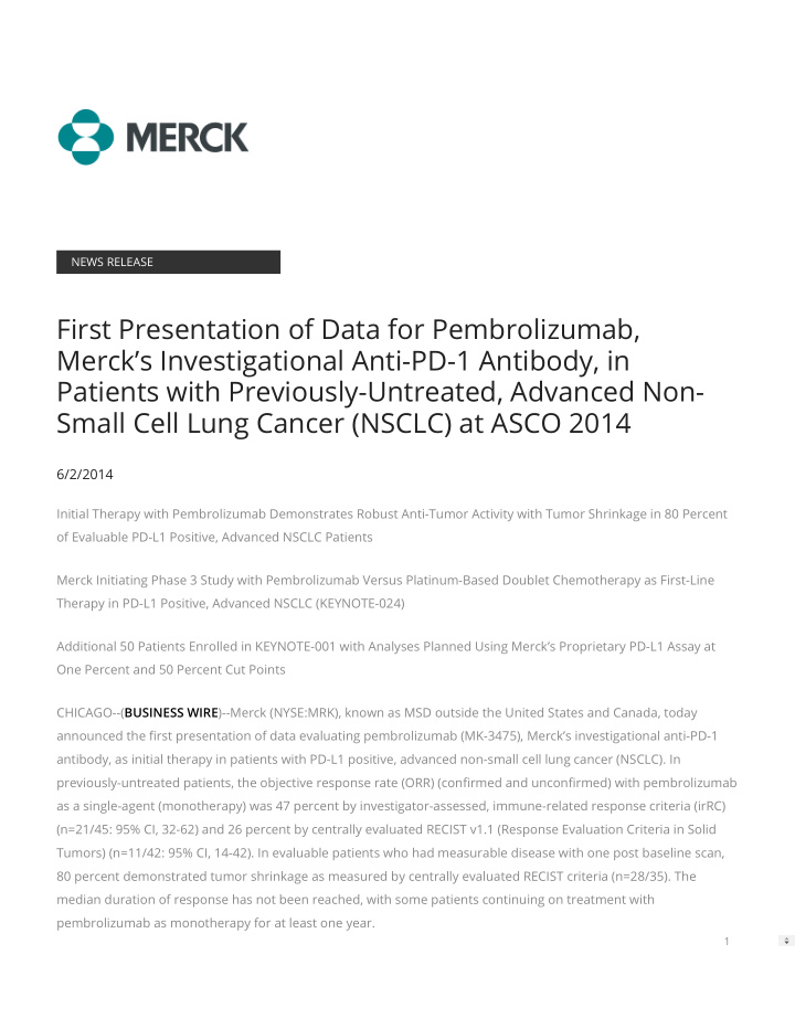 first presentation of data for pembrolizumab merck s