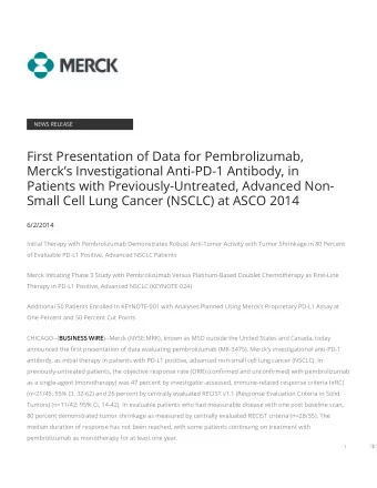 First Presentation of Data for Pembrolizumab,  Mercks Investigational Anti-PD-1 Antibody, in