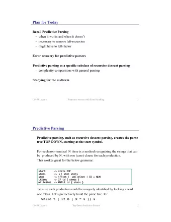 Plan for Today  Recall Predictive Parsing  when it works and when it doesnt  necessary to