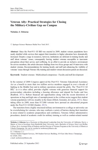 Veteran Ally: Practical Strategies for Closing  the Military-Civilian Gap on Campus  Nicholas J.