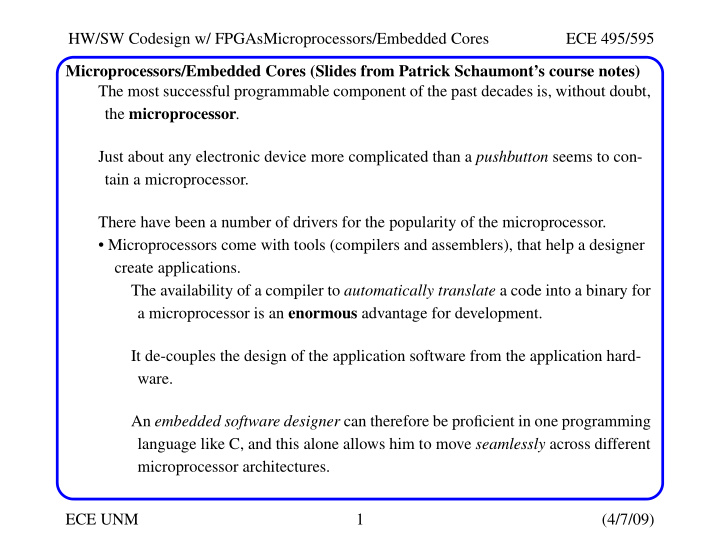 hw sw codesign w fpgasmicroprocessors embedded cores ece