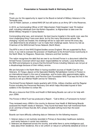 Presentation to Tameside Health &amp; Well-being Board  Chair,  Thank you for this opportunity to