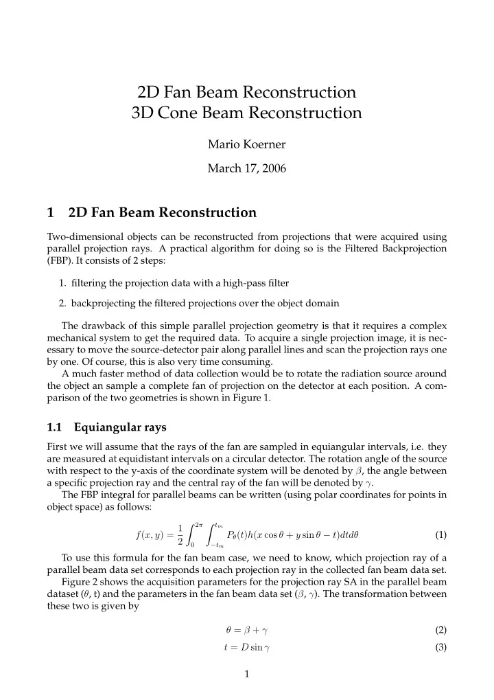 2d fan beam reconstruction 3d cone beam reconstruction