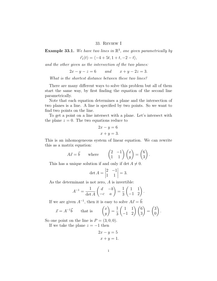 33 review i example 33 1 we have two lines in r 3 one