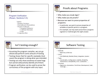 Proofs about Programs  Why make you study logic?  Program Verification  Why make you do
